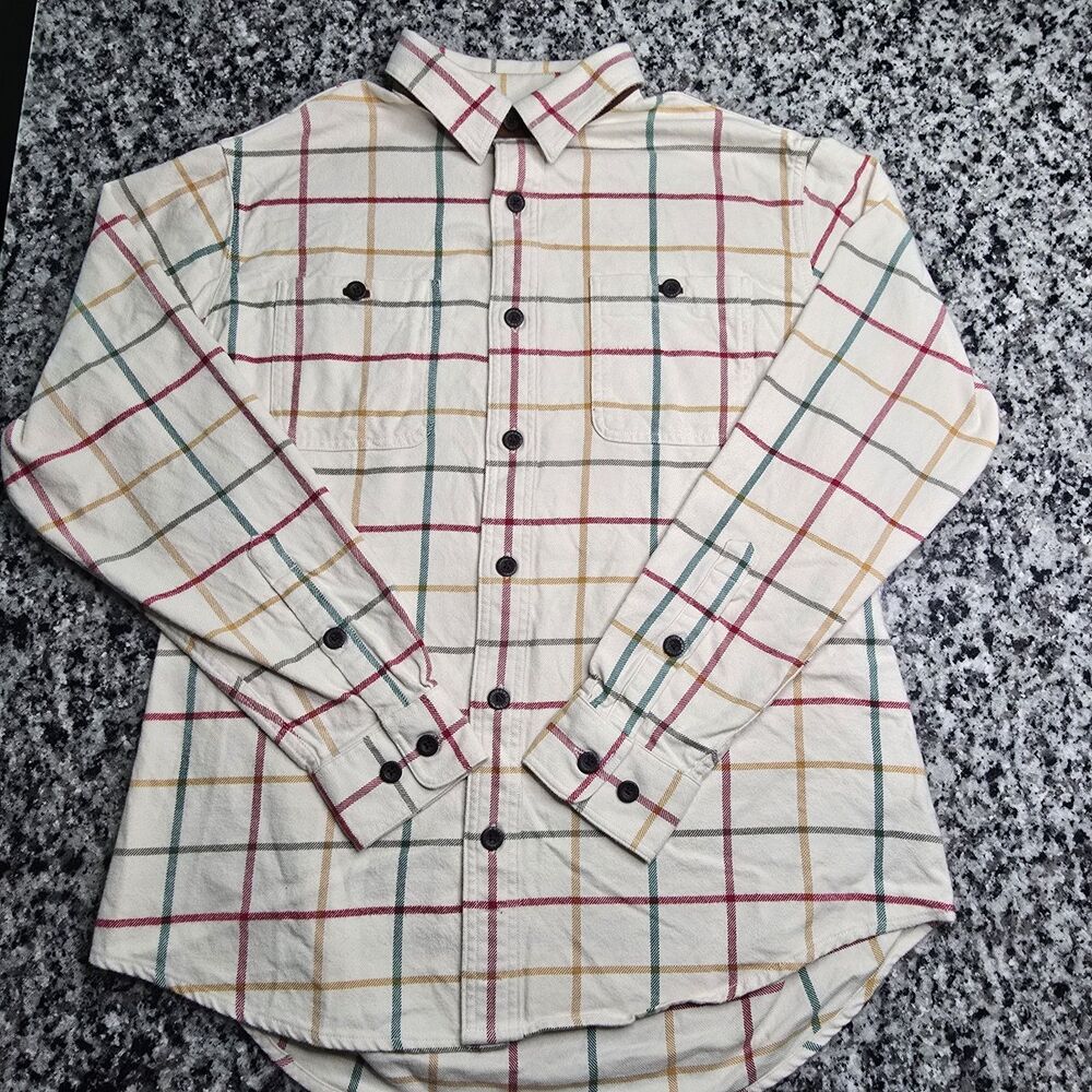 Orvis Sporting Traditions Mens Large L Perfect Flannel Plaid Shirt Cream Cotton